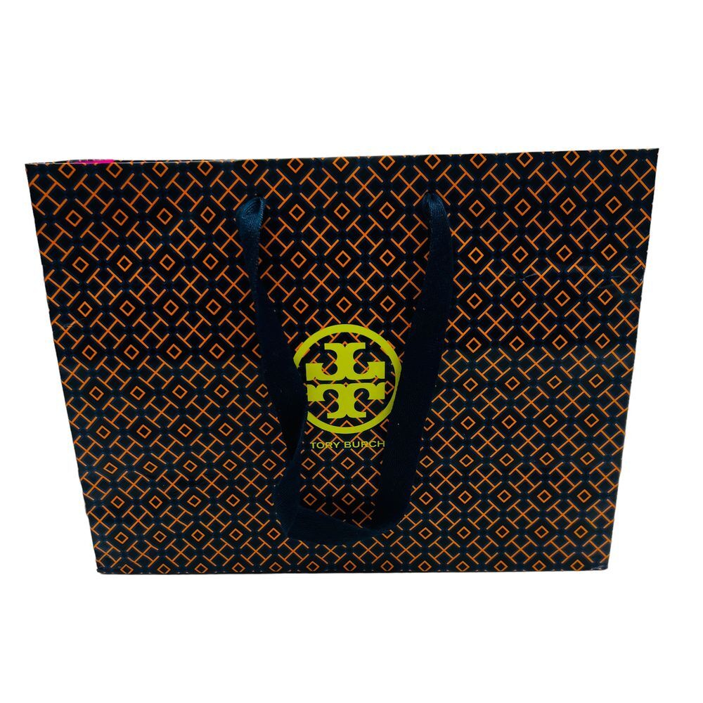 Tory Burch Medium Gift Bag Paper With Straps Pre-Owned Navy Orange 12 x9